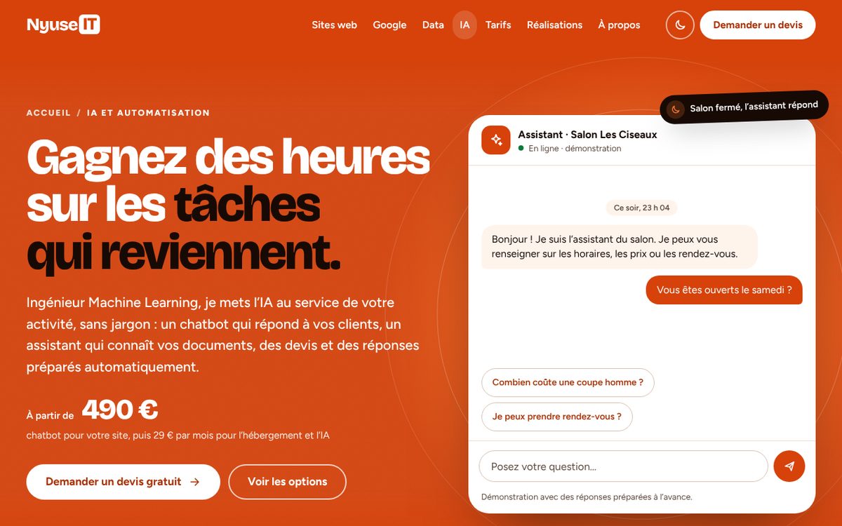 Aperçu de l’assistant IA : conversation sur les horaires du salon et questions suggérées.