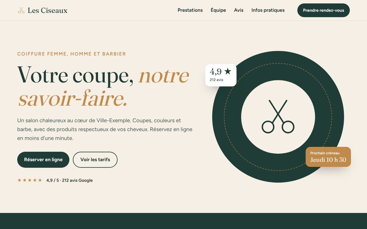 Aperçu du site de démonstration du Salon Les Ciseaux : titre « Votre coupe, notre savoir-faire » et bouton de réservation.